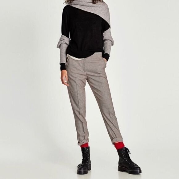 Zara Houndstooth Ankle Cropped Pants Trousers Ruffle Pockets Size Women's Large - Picture 8 of 9